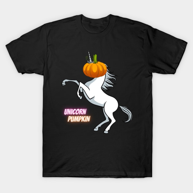 Halloween Unicorn Pumpkin Unicorn with a Pumpkin Head Funny Halloween Costume Halloween Gift Pumpkin Horse Magical Halloween All Hallow's Eve T-Shirt by nathalieaynie